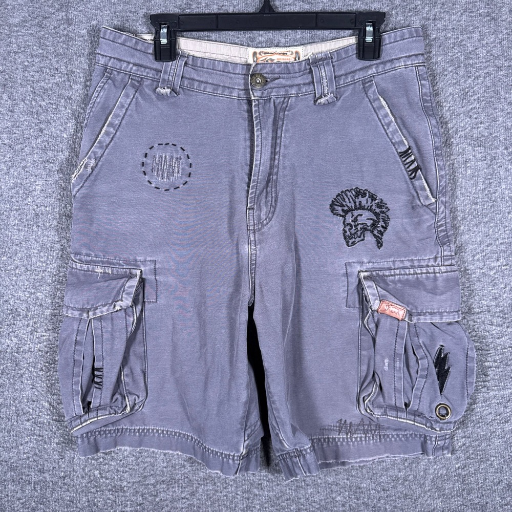 Fox Racing Cargo Shorts Men 32 Grey Embroidered Skull Punk Moto Deluxe Y2K Skate